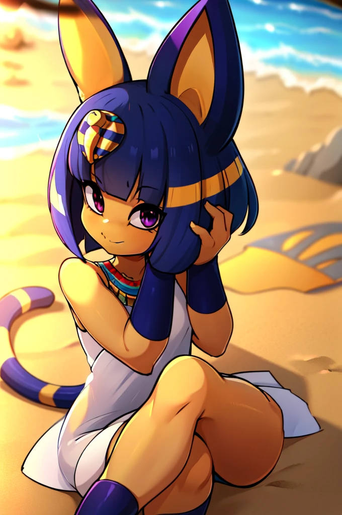 absurdres, highres, ultra detailed, ankha, solo, catgirl, , blue hair, hair ornament, yellow skin, purple eyes, white dress, sitting, looking at viewer, outdoors, sand, egyptian, smiling