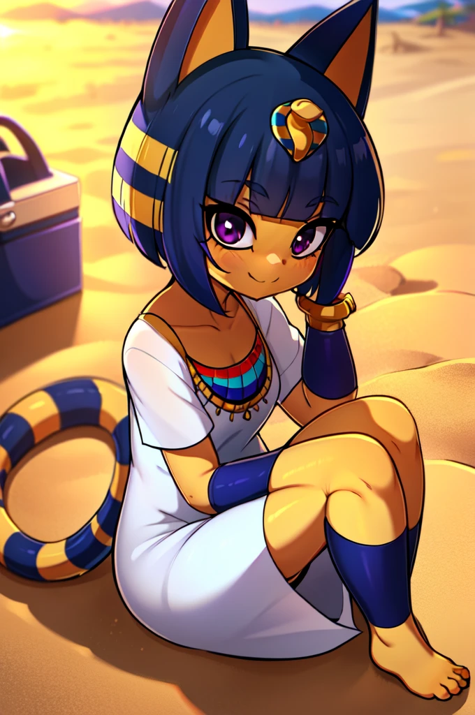 absurdres, highres, ultra detailed, ankha, solo, catgirl, , blue hair, hair ornament, yellow skin, purple eyes, white dress, sitting, looking at viewer, outdoors, sand, egyptian, smiling