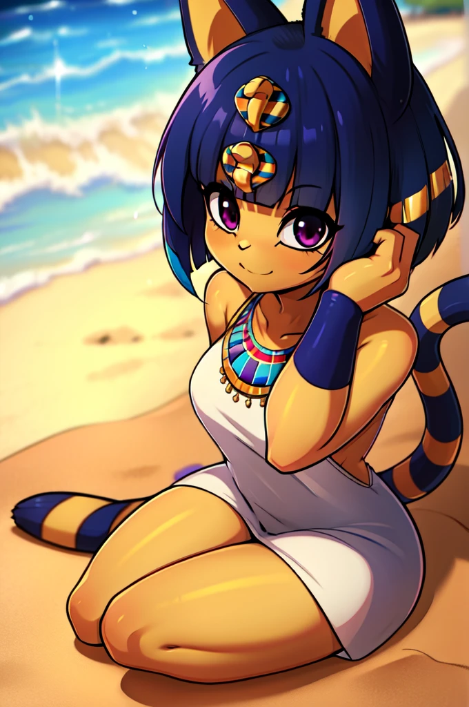 absurdres, highres, ultra detailed, ankha, solo, catgirl, , blue hair, hair ornament, yellow skin, purple eyes, white dress, sitting, looking at viewer, outdoors, sand, egyptian, smiling