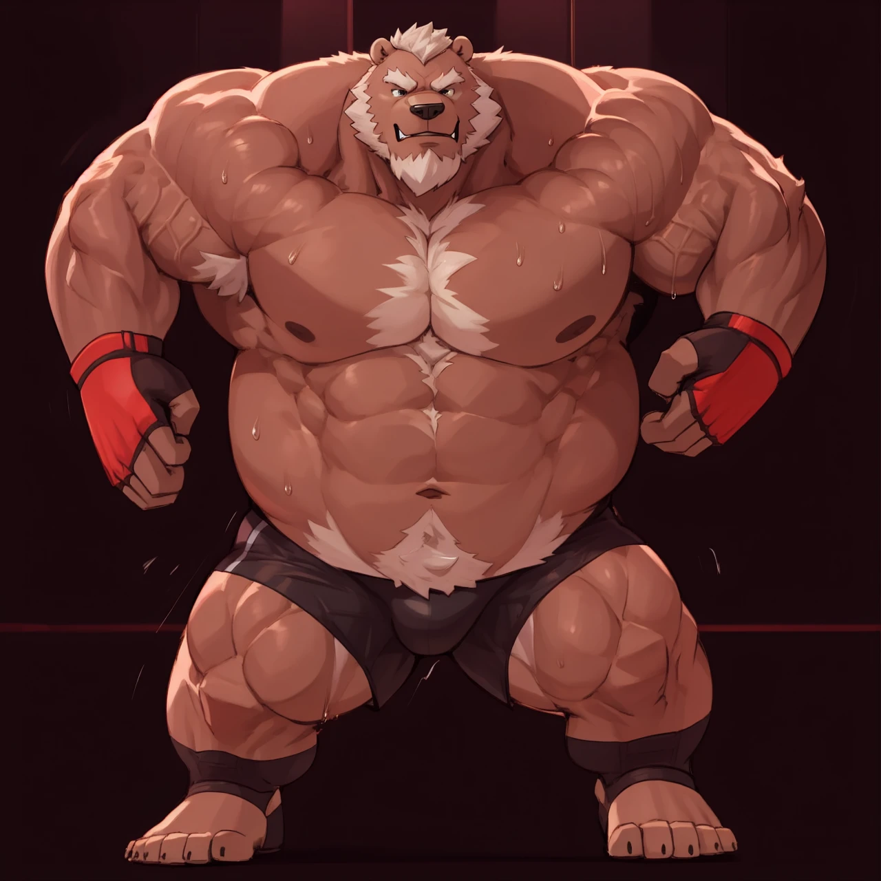 solo, 1boy, Huge Muscular Old Grizzly Bear champion, pectoral, huge pumped pectoral, wide pumped pectoral, steroids, short white hair, black MMA shorts, black MMA gloves and mma black footwear with toes out, shirtless and topless, bearded, Mustache, correct anatomy, gym background, gym equipments, masterpiece, high detailed, 8k, high resolution, at the gym, sweating, kicking and punching, practicing, training