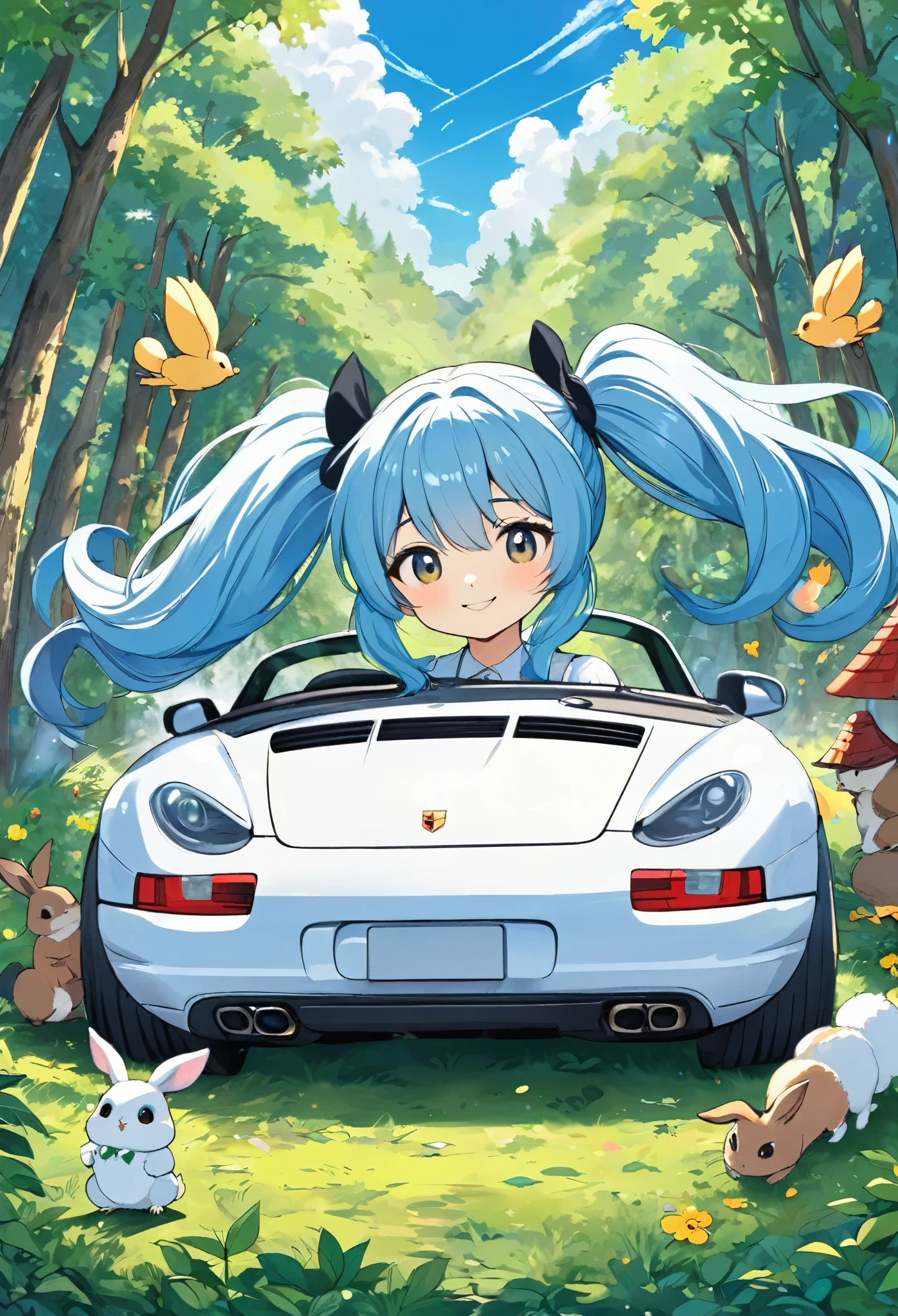 Drive a white Porsche through lush forests、Blue long hair、Beautiful girl with twin tails、Bigger in the center、Side view of the car、Splash art that makes you feel the wind、blue sky、White cloud、Bright smile、Friends of the Forest、squirrel、rabbit、owl