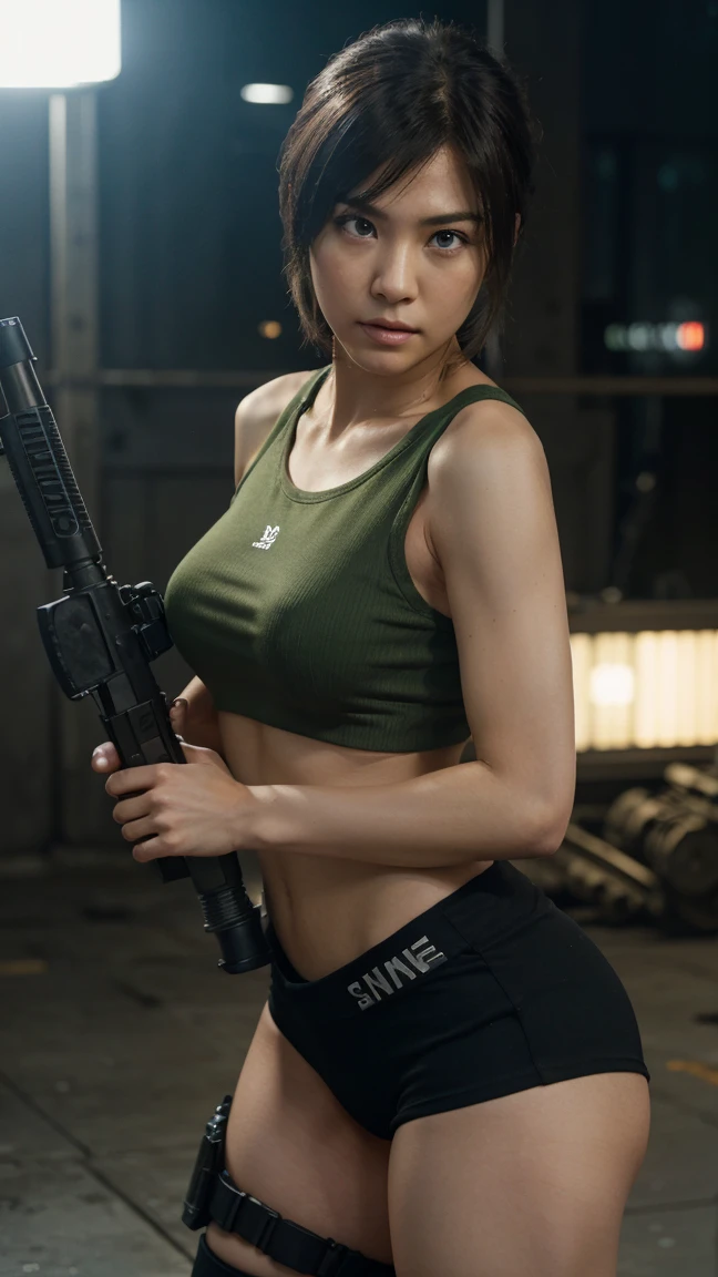 {{Masterpiece、best quality、Very detailed CG、16 ก、film light、lens flare}}、blurred background、wearing green tanktop (One women soldier aimsing a huge rifle)、realistic:1.4、black short hair 、blue eyeany weaponilitary helicopter:1.6))、special forces、war、Shinjuku at night、from above view、aims、aims、Knee shot、Wide viewing angle、Fight zombies
