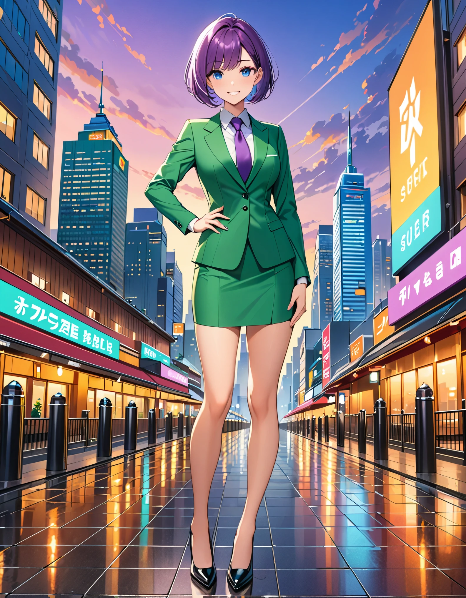masterpiece, best quality, highres, 1girl, solo, green suit and tie, pencil skirt, miniskirt, bare legs, matching shoes, looking at viewer, city backdrop, perfect hands, perfect eyes, perfect legs, perfect arms, perfect fingers, medium breasts, standing, purple hair, short hair, bob hair, blue eyes, standing, smile, full body with costume, :d