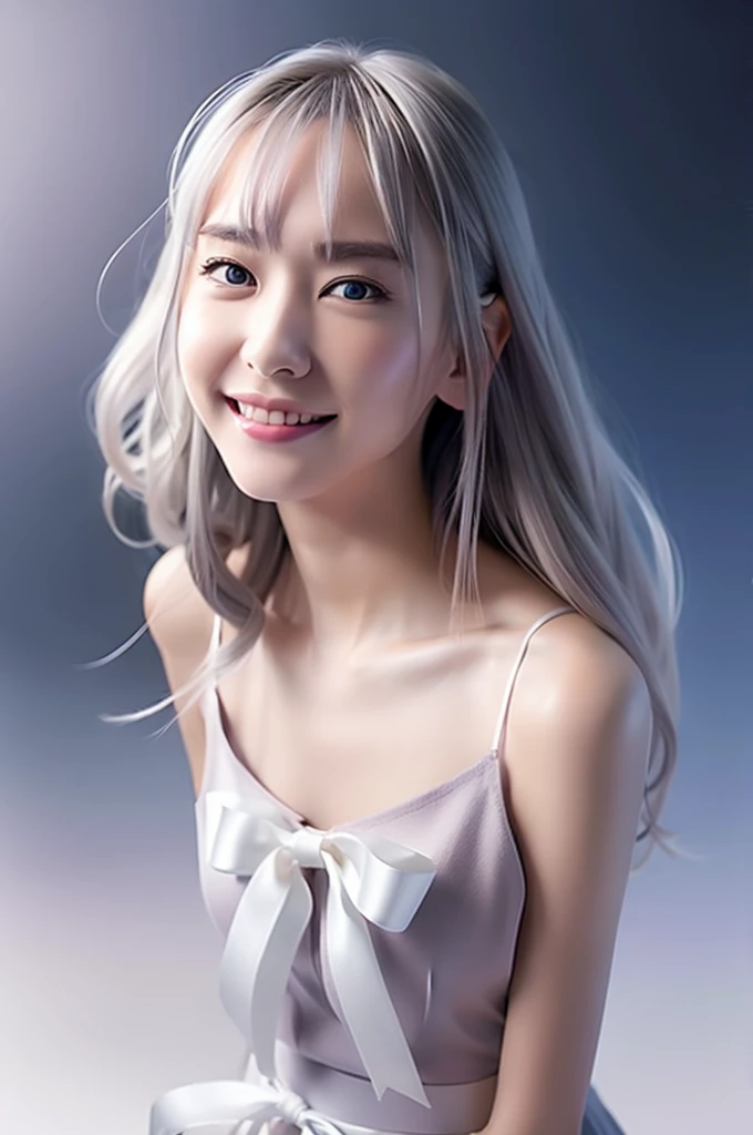 One girl ,(RAW Photos:1.2), ((Realistic:1.4),(masterpiece:1.3),(Highest quality:1.4),超High resolution,(Detailed facial features),(Detailed clothing features),High resolution,8K resolution, Focus Only, bangs, Fits perfectly to the skin, (Shiny skin),(Slender girl),dream-like, (Highly detailed illustration),Check the explanation,Clarification Request,scenery,No text, White cat ears, White cat tail, Gray Hair, Long Hair,bundle, Medium chest, dress, Ribbon Color, smile,(Gradient Background:1.2 )