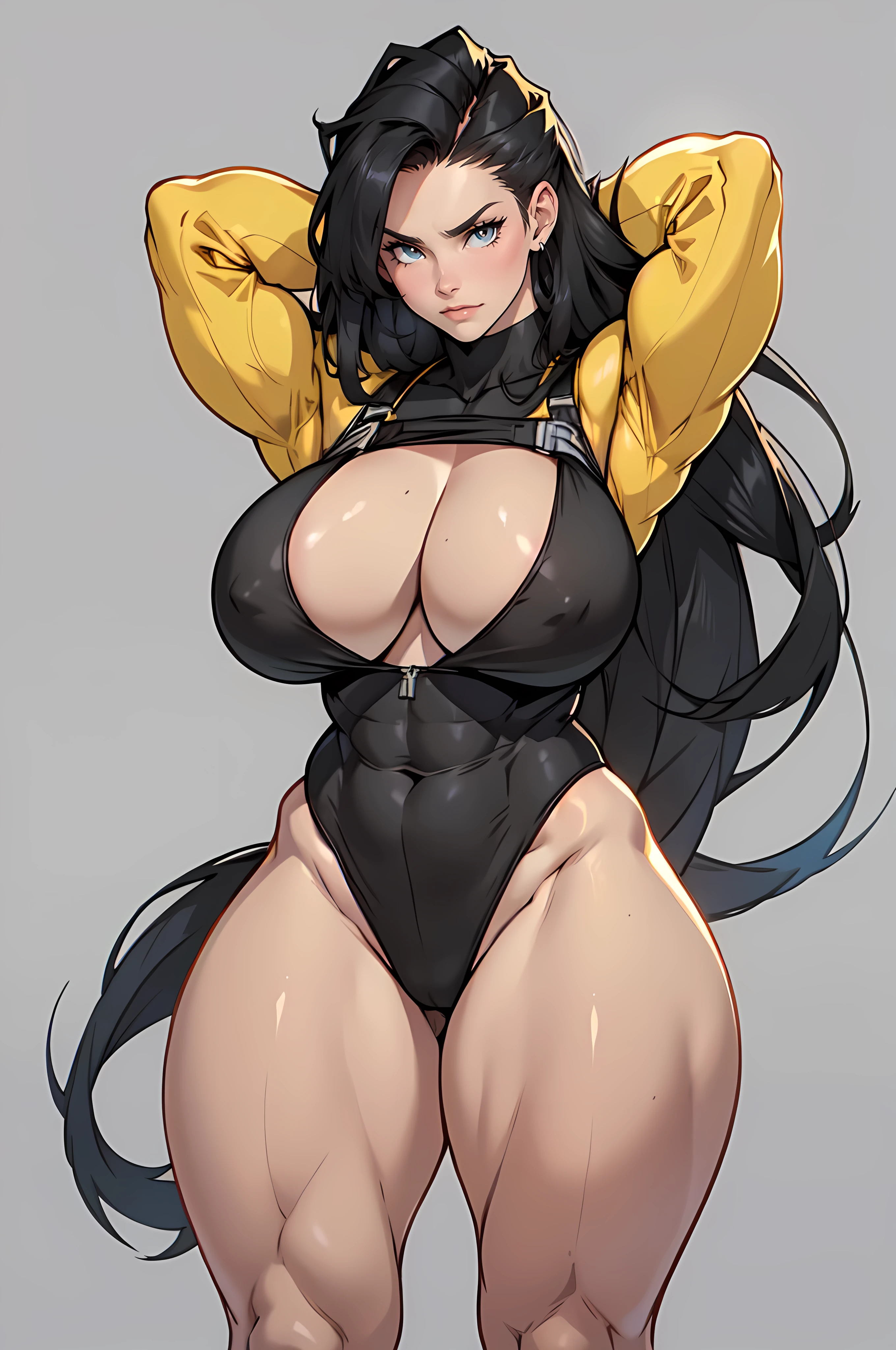 ((grey background))  pale skin black hair yellow eyes (very long hair) angry ((1 girl muscular toned body bodybuilder curvy wide hips thick thighs)) (solo) (huge breasts:1.8) standing (long sleeves leotard) (arms behind head)