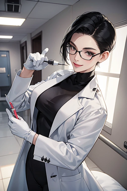 A mature woman with black hair, slicked back, short hair, glasses and a white coat wearing a black catsuit and long white gloves in a hospital room, smiling gently with a syringe in her hand