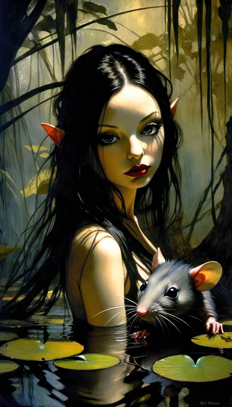 ((woman and her pet rat) long black hair, eroticism, sexy, black and white image, between shadows,in the water of a dark swamp with water lilies, oil painting, dramatic lighting, dramatic contrast, chiaroscuro, detailed face, sensual expression, elegant pose, female figure, mysterious, moody, cinematic, dark romantic, Bill Sienkiewicz inspired, dark atmosphere, powerful composition, dramatic shadows, high quality, photorealistic, masterpiece (best quality,4k,8k,highres,masterpiece:1.2),ultra-detailed,(realistic,photorealistic,photo-realistic:1.37),intricate details,,sharp focus,professional,Dave McKean artwork, oil touch of surrealism,oil painting style,portrait,woman,beautiful detailed eyes,beautiful detailed lips,dreamlike atmosphere,shadow play,soft lighting,playful pose,dark hues,ethereal background,fantasy elements,texture,layered composition.