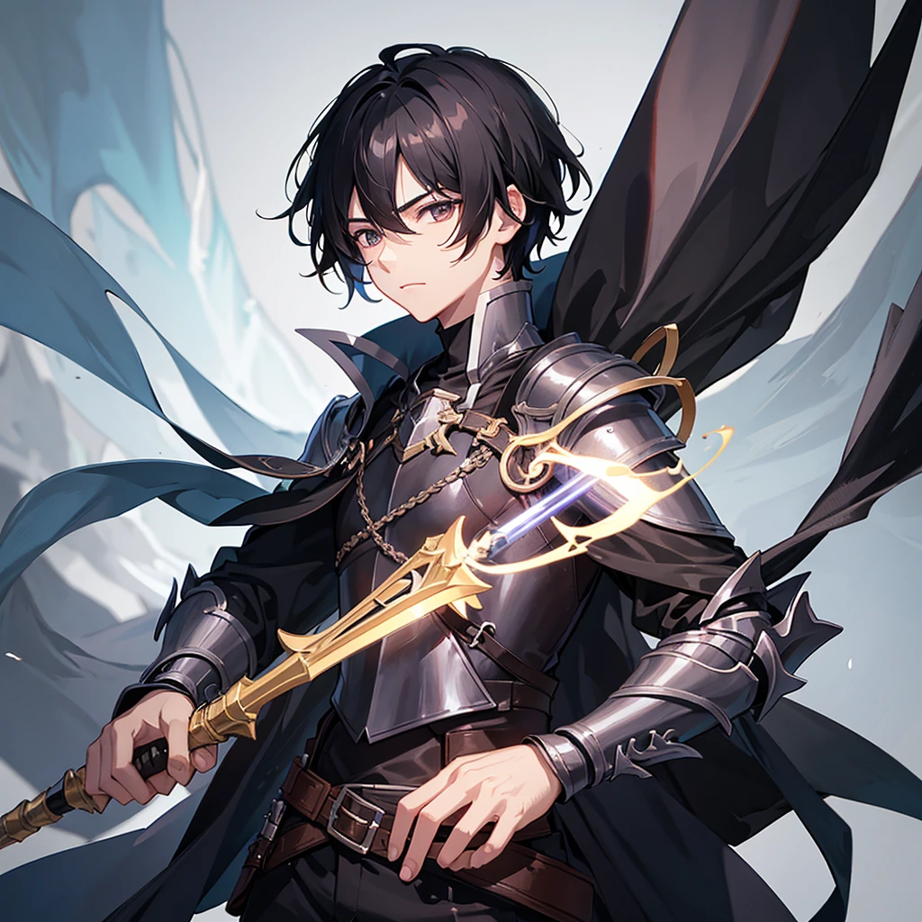 Black-haired boy of medium height, with dark armor having magic weapons at his disposal