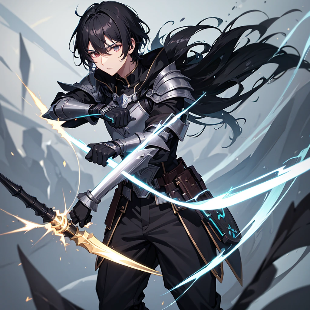 Black-haired boy of medium height, with dark armor having magic weapons at his disposal