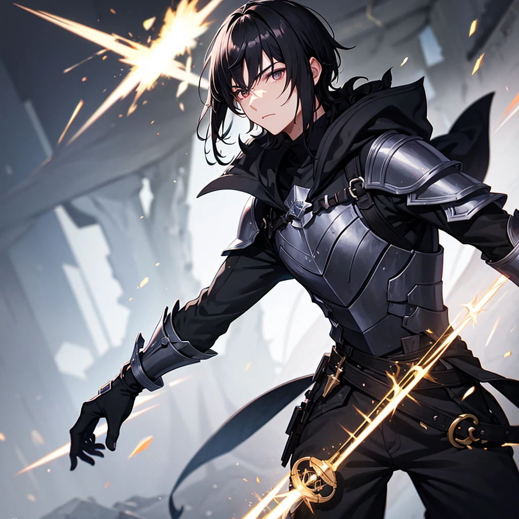 Black-haired boy of medium height, with dark armor having magic weapons at his disposal 