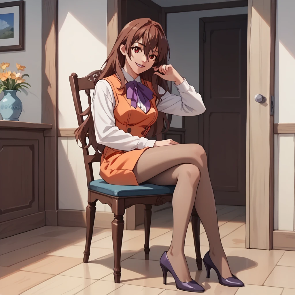 smile,parted lips,
solo,
RenaAsaoka,1girl,brown hair,long hair,hair between eyes,red eyes,
medium breasts,
white shirt,long_sleeves,purple ribbontie,orange vest,
orange pencil_silkart,
brown pantyhose,
high_heels,
full body,sitting,chair, She is at the entrance to the door of the house, she has a sensual smile and invites you in