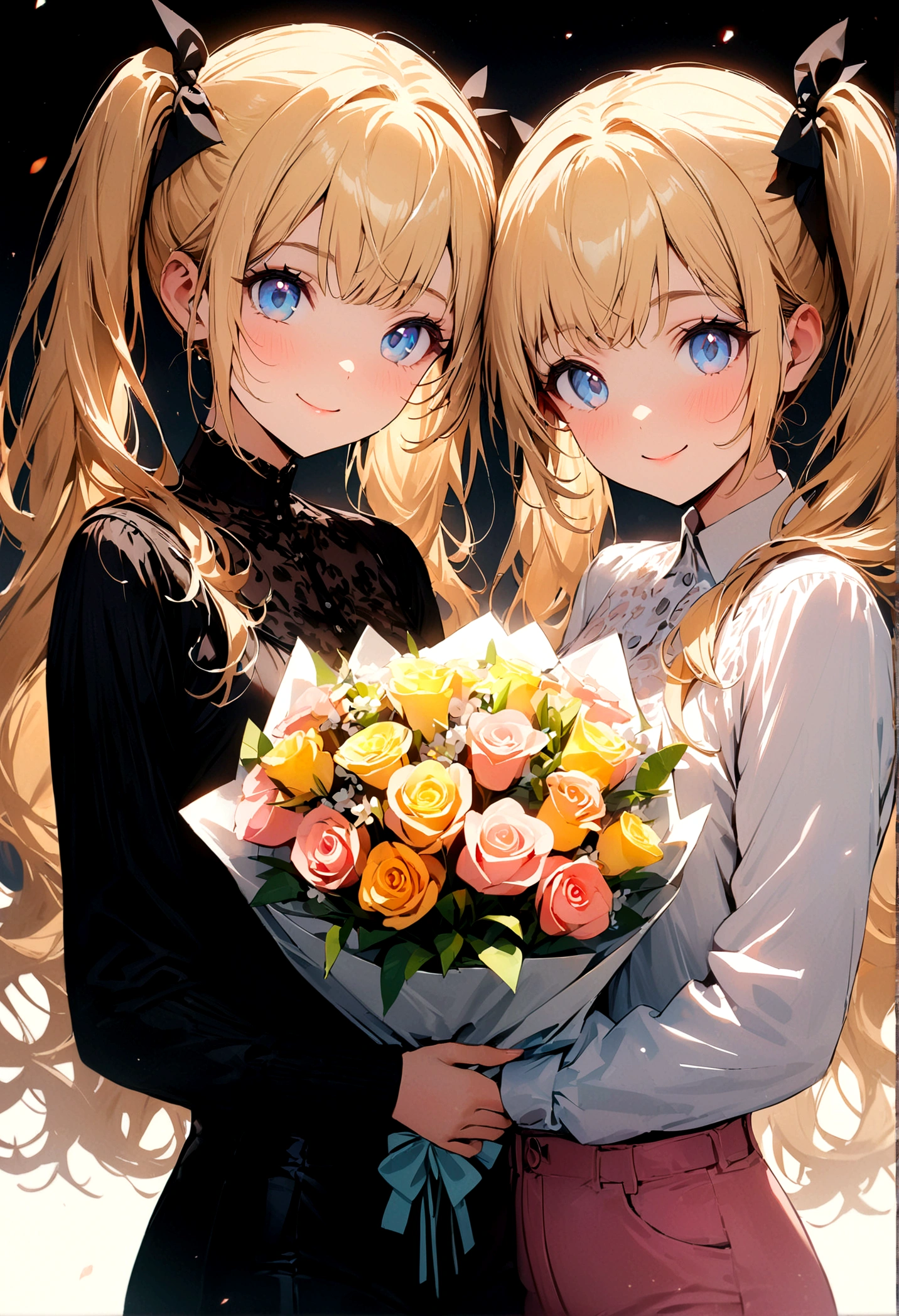 whole body, (female): 1girl, (solo), (perfect face), (detailed outfit), (little girl), (holding a bouquet), beautiful female, smile (happy), blonde hair, long hair, twintails hair, blue eyes, (open tuck,,), (white background), (masterpiece:1.4), (best quality), (highres) (sharp focus),