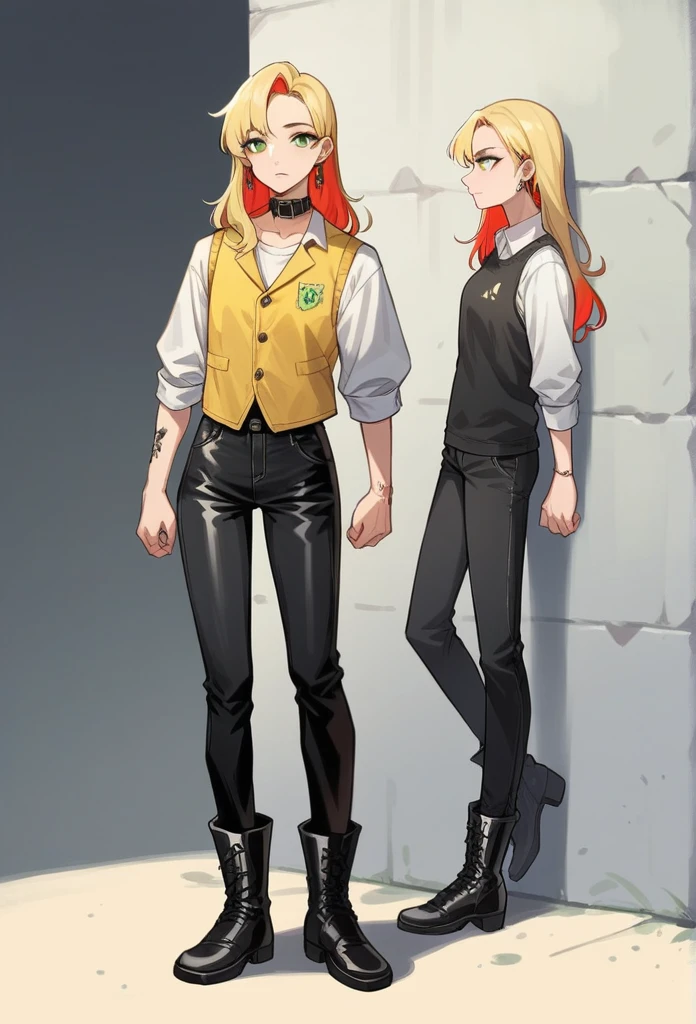 girl, portrait, illustration, SHE HAS BLONDE HAIR ,green eyes, Dressed in a white t-shirt, a yellow leather vest, long sleeves and black pants, high black ankle boots., collar, earrings, slim body short height has a butterfly tattoo on her right arm has red highlights has long hair stands tall