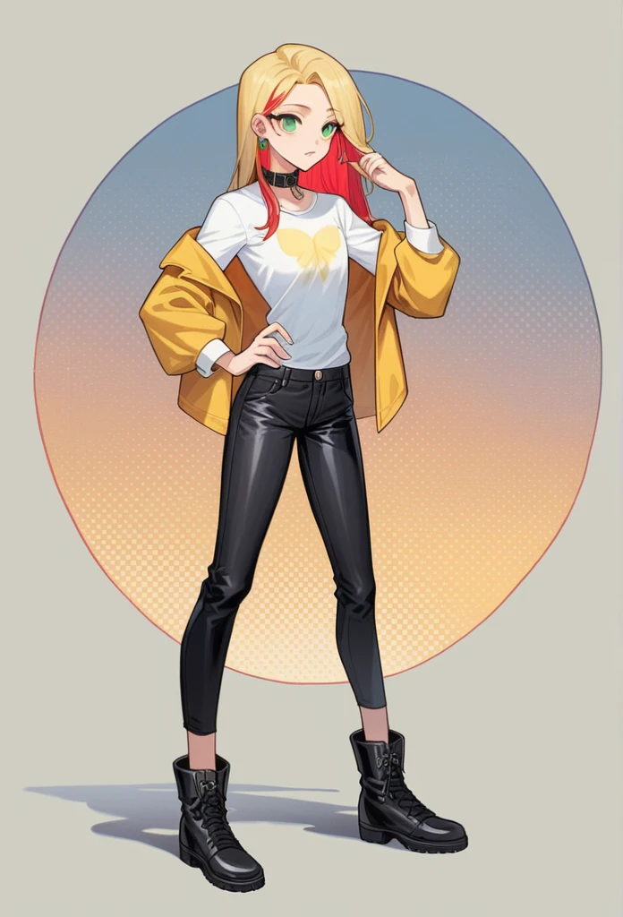 girl, portrait, illustration, SHE HAS BLONDE HAIR ,green eyes, Dressed in a white t-shirt, a yellow leather vest, long sleeves and black pants, high black ankle boots., collar, earrings, slim body short height has a butterfly tattoo on her right arm has red highlights has long hair stands tall