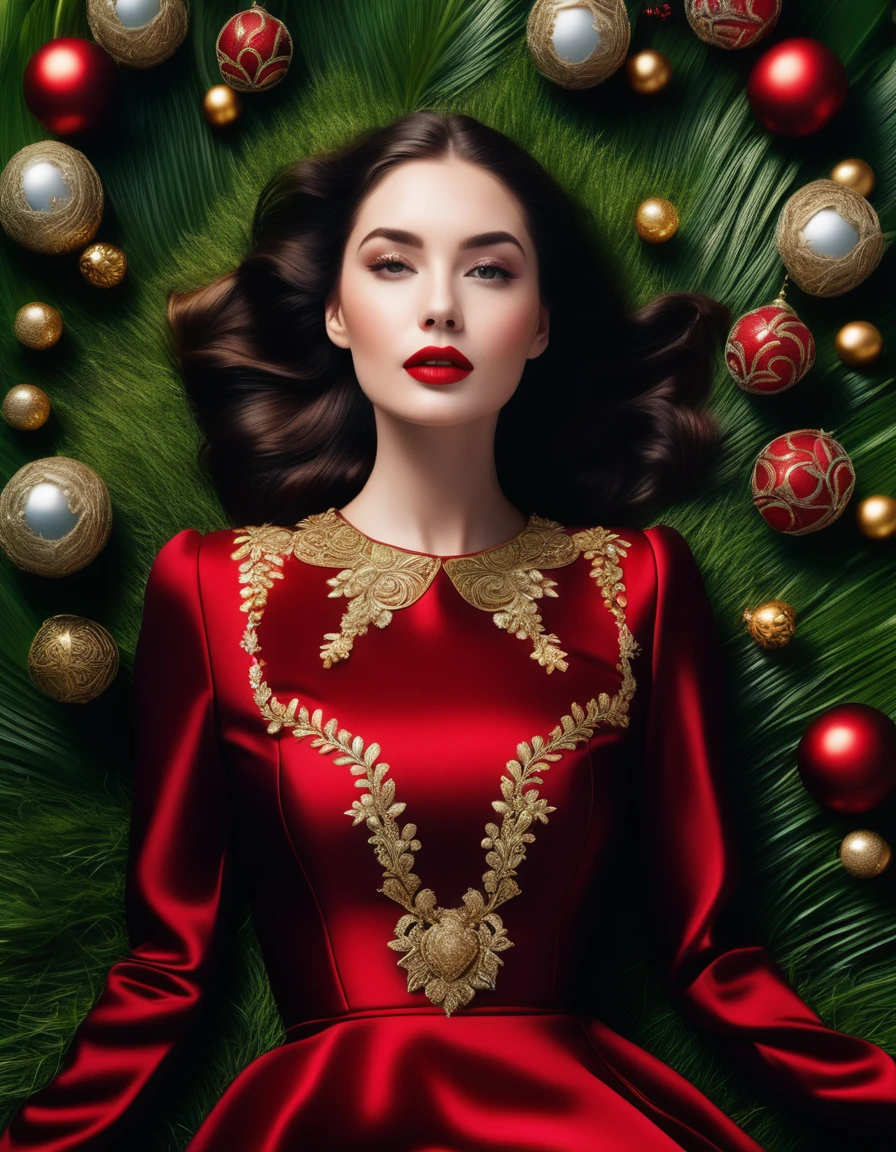 A panorama of a beautiful white woman with red lips, wearing a red dress full of golden ornaments, lying on a grass full of plants.