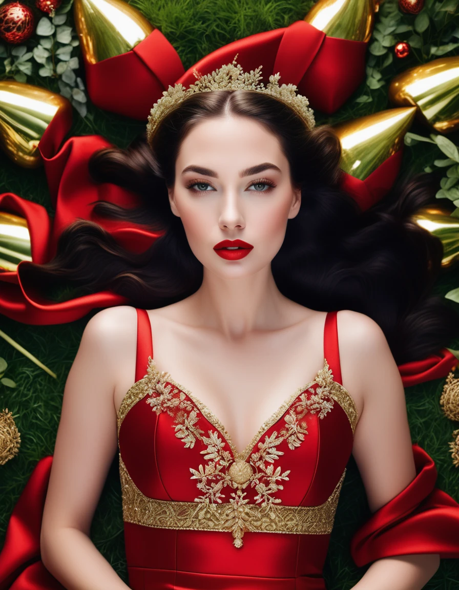 A panorama of a beautiful white woman with red lips, wearing a red dress full of golden ornaments, lying on a grass full of plants.