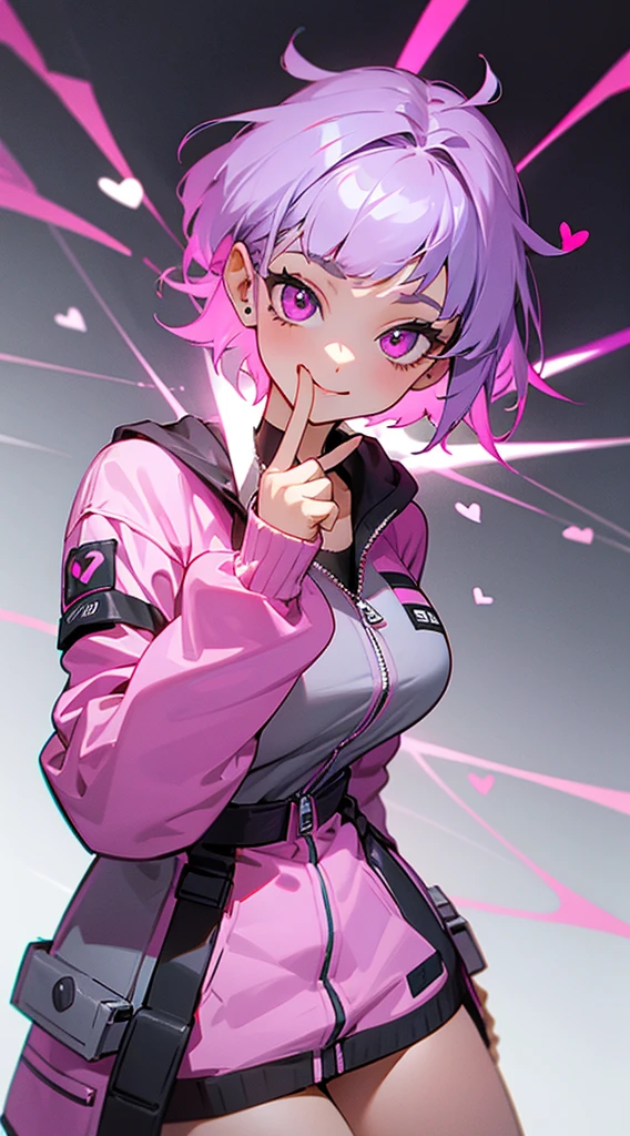 Top Quality, 8K, 4K, High Definition, Detail, (better-quality, 8K, 12), top-quality, 1 girl、only showing her face, she has purple hair, wearing a yellow pin on her right side of her hair, she has her hands together, she looking at you, she is smiling at you, medium breast, her jacket color dark gray with a pink zipper, pink eyes, showing her face and chesat, short hair long as her neck, (only showing half of her body) her jacket is loose. she is wearing earing only right ear shaped has a heart, she has her hand up making a pose, get closer to see up close of her face, she making a pose, she making pose her finger