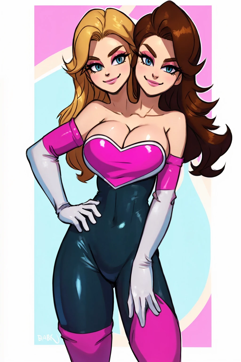 (masterpiece),(ultra-detailed), (high quality), (high resolution), (best quality:1.5, highres, UHD), highres, absurdo, ultra detail, ultra quality, Ultra resolution, 16k, 1girl, (2heads:1.5), ((girl with two heads)), golden blonde hair, (((same identical hair color))), black dress, large breasts, cleavage,dbgtbra, 1 girl, solo, blonde hair, brown hair, long hair, aqua eyes, eyeshadow, smile, closed mouth, cowboy shot, 1 girl, solo, rouge_the_bat_(cosplay), black rubber bodysuit, white elbow gloves, bare shoulders, medium breast, pink lipstick, smile, standing up