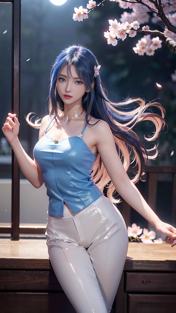 (Logo, masterpiece, 8K, On the table, RAW photos, wonderful, 最high quality, Photorealistic and hVery detailed CG integrated 8K wallpaper, high quality, Very detailed, Narrative Poems, Particle Effects, dynamic effect, Written border depth, light, lens flare, Ray Tracing)), fantasy, ((1 beautiful woman, Clear blue eyes, 赤いLong hair, Pretty Face, serious, Beautiful and delicate eyes, Beautiful skin, Woman dancing gracefully:1.7, Woman dancing gracefully:1.7)), 長い赤い髪がwindでなびく, 长长的红hair jump动, 長い赤い髪がwindで踊る, hair jump, camisole, Red leather pants, Red leather jacket, Silver earrings, ((night, wind, dark, Full Moon, night空, wind, Cherry blossoms, Cherry blossomsの花びらが舞っている, Cherry blossoms吹雪, Falling Flowers, Flying petals)), Hips up, beautiful eyes, Long hair, ringed eyes, Jewelry, Tattoo, Hanfu, Chinese Fairy, Taoist costumes