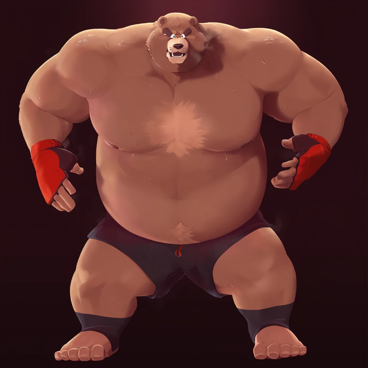 ((solo)), (anthro:1.2) bear (lora; little john), adult, (athletic:1.4), (dense muscles), (super strong:1.4), (correct anatomy:1.2), (broad shoulders:1.2), (heavy build, massive body:1.6), (realistic fur, detailed brown fur texture:1.3), detailed background (corner of the kickboxing ring:1.6), photorealistic, (black compression shorts), (bare torso:1.4), (foowear:1.2), (detailed clothing), hyperrealistic, ultradetailed, (by wfa:1.2), (by takemoto_arashi, by vorusuarts, by Traver009:1, by grimfaust:1), natural lighting, (wet. sweat:1.4), exhausted, ursine head (open eyes, brown mane), (steaming breath:1.2), ((serious:1.4) expression), (kicking:1.6), (punching:2.1)((practicing:2.0) training) (view from right:1.4)