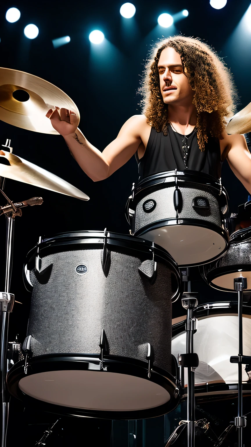 create a rock star playing drums,on stage, middle hair,realistic,8k, uhd,