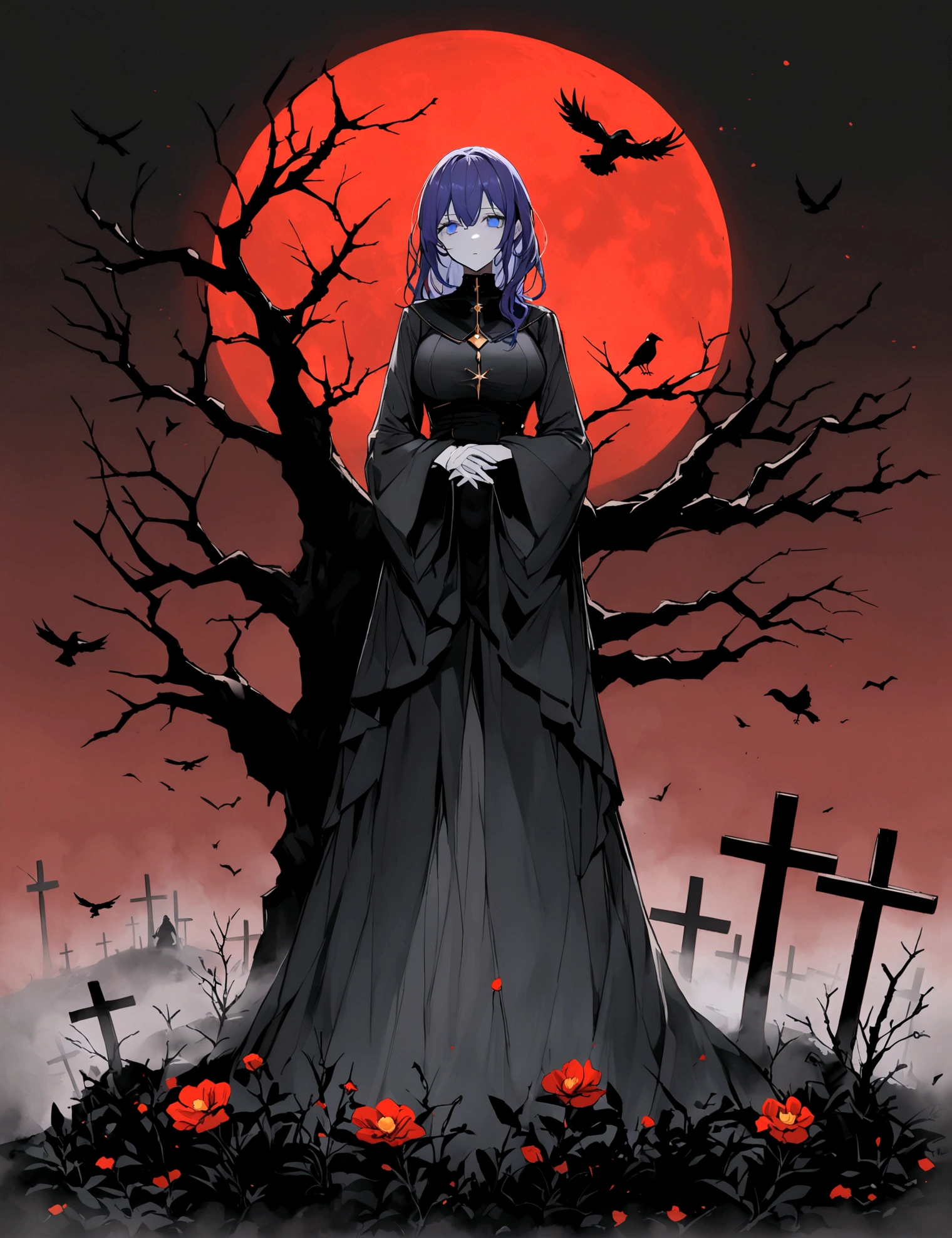長い髪のbeautifulアニメ風の美女, (((Purple-blue hair)))Gold decoration,(((Highest quality)))Transparent Hair,Face of Sadness,(((blue eyes)))A beautiful woman filled with sorrow,(((Beauty with perfect body shape)))Big Breasts,(((Immoral Black and Grey Priest)))Chaotic Cleric(((beautiful)))Pale skin,(((Glossy feel)))Full Body Shot,Crow,(((background)))dead tree,fog,Red Moon,Mysterious flower,Graveyard of Darkness。