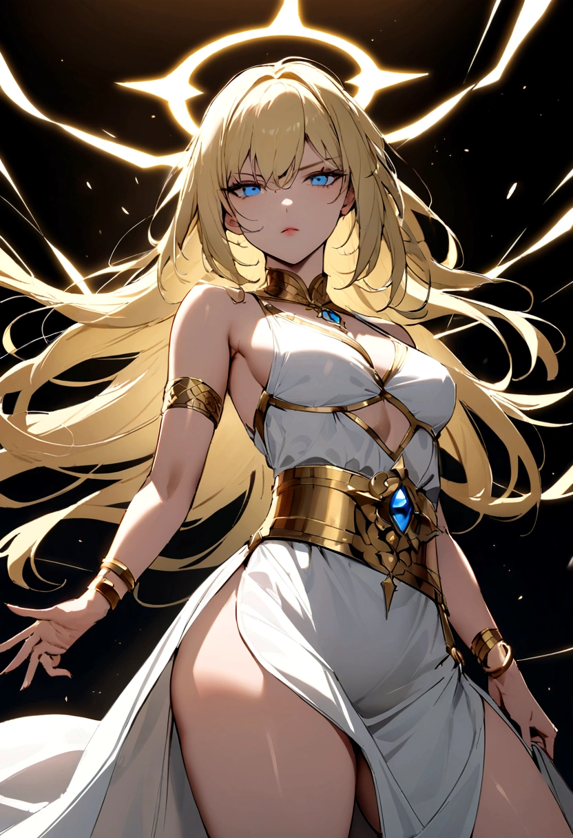 Create a beautiful woman with blue eyes and blonde hair, she white tunic, with gold bracelets, and a golden halo of energy over your head, she has a beautiful body with medium breasts and thighs too, at the waist there is a golden belt, seductive body and a serious look
