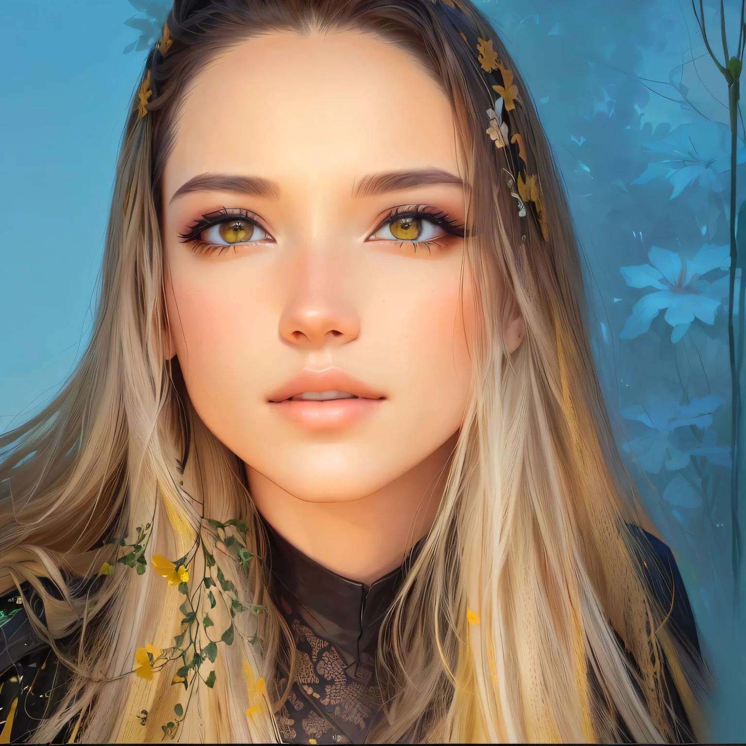In the background there is beautiful vegetation, in a sunny day, your eye reflects a yellow nebula, hyper realism, voluminous vegetation.