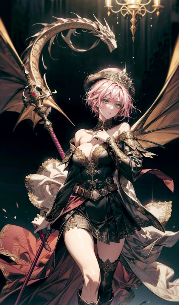 Please follow all prompts below exactly and faithfully. This is a breathtaking masterpiece of digital illustration, with maximum resolution, UHD, 512K, 2160p, 10 million ppi, 300 million dpi, natural color tones, ultra sharp details, perfect outlines with contrast, **most realistic skin and hair textures**, most beautiful detailed eye features, perfect anatomically correct human body, beautiful background with depth, rule of thirds, depth of field, Maximize all element is used to its full potential to create the best digital illustrations, A very sexy and elegant woman with a perfect body style, a beautiful sharp face, slim figure, gravity-defying large breasts, beautiful green eyes, (shiny pink shaggy cut short hair covering one eye), glossy, sensual, Fantasy world wizard with detailed robe, wielding a staff, vibrant colors, dynamic pose, and a skirt. The robe features intricate embroidery, golden accents, emerald inlays, hood with runes, long flowing sleeves, belt with pouches, decorative hem, silk lining, floral patterns, gem-encrusted staff, leather boots, ornate amulet, plumed hat, elaborate cuffs, chainmail underlayer, shoulder cape, thigh-high boots, decorative belt, dragon motif, and silver thread.
