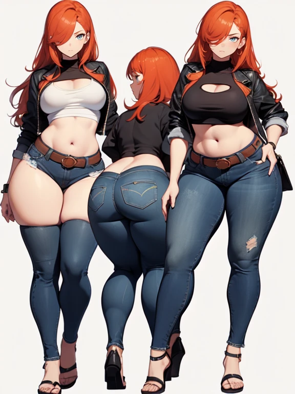 blank background, (((full body))), (masterpiece), ((best quality)), (very short girl), ((flat chest)), hair over one eye, (wide hips:1.4), ((thick thighs:1.4)), (blue jeans), sandals, belt below navel, fanny packs, ginger hair, from behind