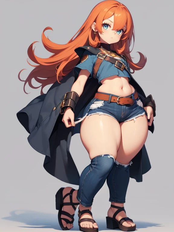 blank background, (((full body))), (masterpiece), ((best quality)), (very short girl), ((flat chest)), hair over one eye, (wide hips:1.4), ((thick thighs:1.4)), (blue jeans), sandals, belt below navel, fanny packs, ginger hair, from behind