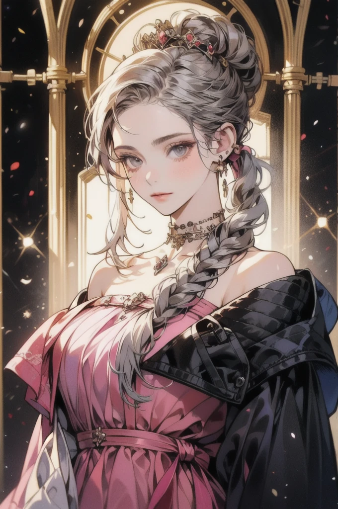 woman, Severe, elegant, Pink Dress, Aristocratic, silver element, Long nails, Bare shoulders, Hairstyle, Put your hair up, Braids and ponytails, Messy, arrogant, Absurd, Detailed dress, Royalty, celebration, Hall decorated with flowers, Cowboy Shot, Portraiture, (Highest quality), (masterpiece), (Very detailed), (4K)