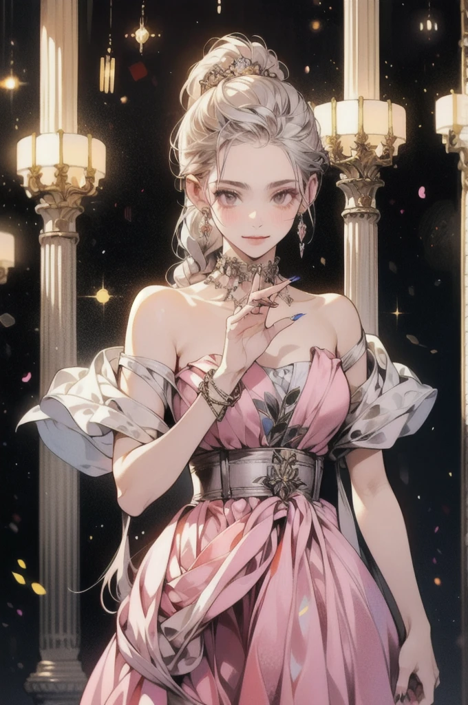 woman, Severe, elegant, Pink Dress, Aristocratic, silver element, Long nails, Bare shoulders, Hairstyle, Put your hair up, Braids and ponytails, Messy, arrogant, Absurd, Detailed dress, Royalty, celebration, Hall decorated with flowers, Cowboy Shot, Portraiture, (Highest quality), (masterpiece), (Very detailed), (4K)
