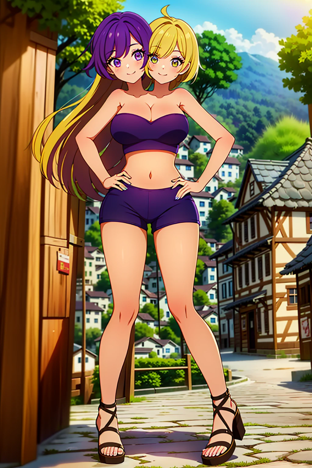 best quality, (masterpiece),(ultra-detailed), (high quality), (high resolution), ((2heads:1.5)), best quality:1.5, highres, UHD, 16K), ((two headed woman)), smiling, highres, masterpiece, ((yellow hair)), ((purple hair)), ((different hair colors:1.5)), cleavage, ((crop top:1.5)), lustrous and smooth skin, (seductive silhouette), sexy proportions, Beautiful girl with accentuated slender abs, ((full body)), ((village background:1.5)), ((exposed midriff)), body con dress, strapless, sleeveless, matching eye color, ((long hair)), ((sandals)), ((hot pants))