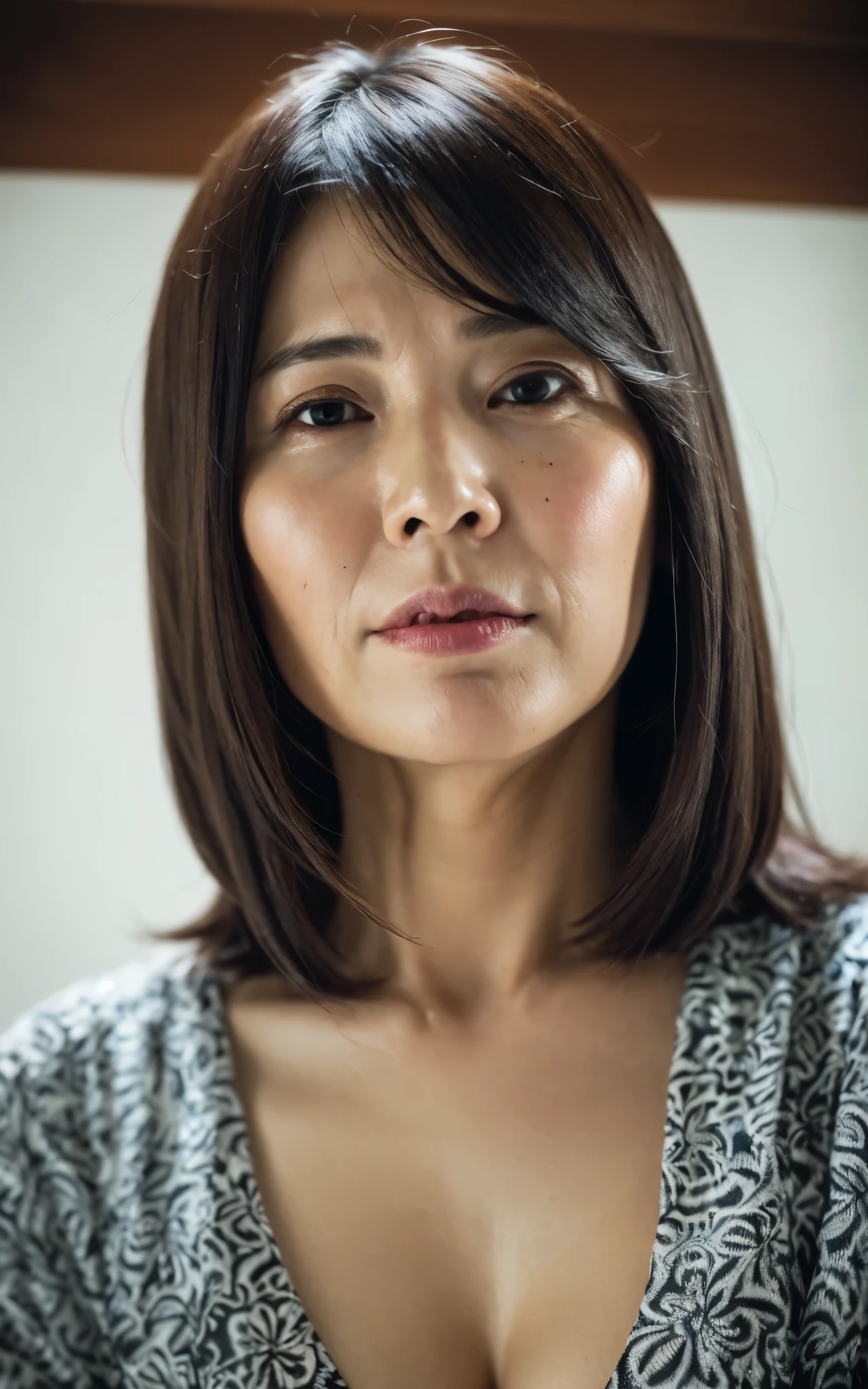 ((Best Quality, 8k, Masterpiece, Portrait: 1.3)), (from below, look down, looking at viewer), (cowboy shot:1), Photorealistic, Sharp Focus, Solo, Japan Milf, Beauty, ((Showing Armpits)), (open mouth:0.7), Cloth with Cleavage View, 35 Years Old, Wavy Hair, Wrinkles at the Corners of the Eyes, Emphasized, ((Huge:1.4))),lewd,Erotic, gorgeous bra, wet bathroom floors,