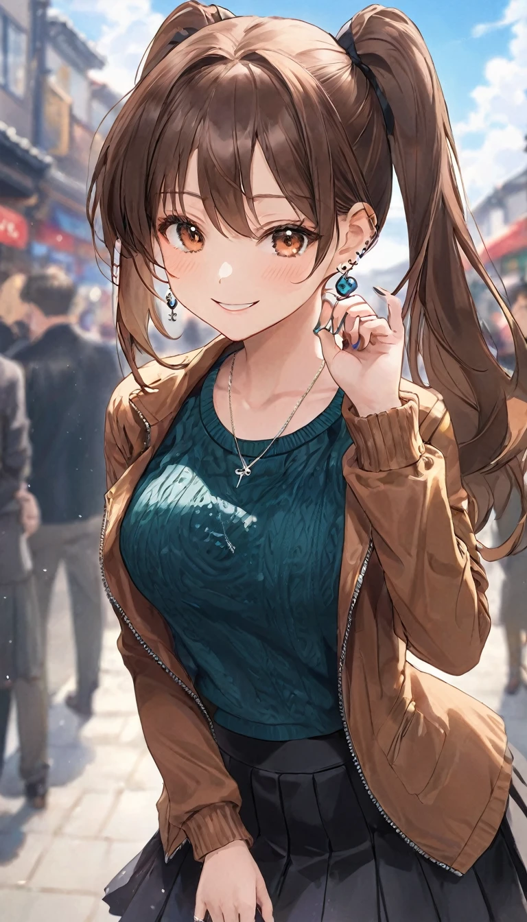 One Girl, Ahoge,ponytail, bangs, black skirt, black sweater, Blue Claws, Blurred, Blurred background, chest, Brown eyes, Brown Hair, brown jacket, Mouth closed, Day付付き, Day, Written boundary depth, Earrings, eyelash, Please raise your hand, Tilt your head, one piece, jewelry, Long Hair, Short sleeve, Show Viewer, medium chest, Manicure, Open clothes, open jacket, Outdoor, Pursing your lips, tuck your shirt in, Side Lock, skirt, Sleeves are longer than the wrist, alone, sweater, Upper Body, zipper, smile, ((masterpiece)), 