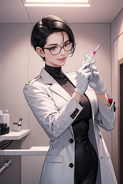 A mature woman with short black hair, slicked back and glasses, wearing a white coat and a black catsuit in a hospital room, wearing long pink rubber gloves and holding a syringe, smiling gently
