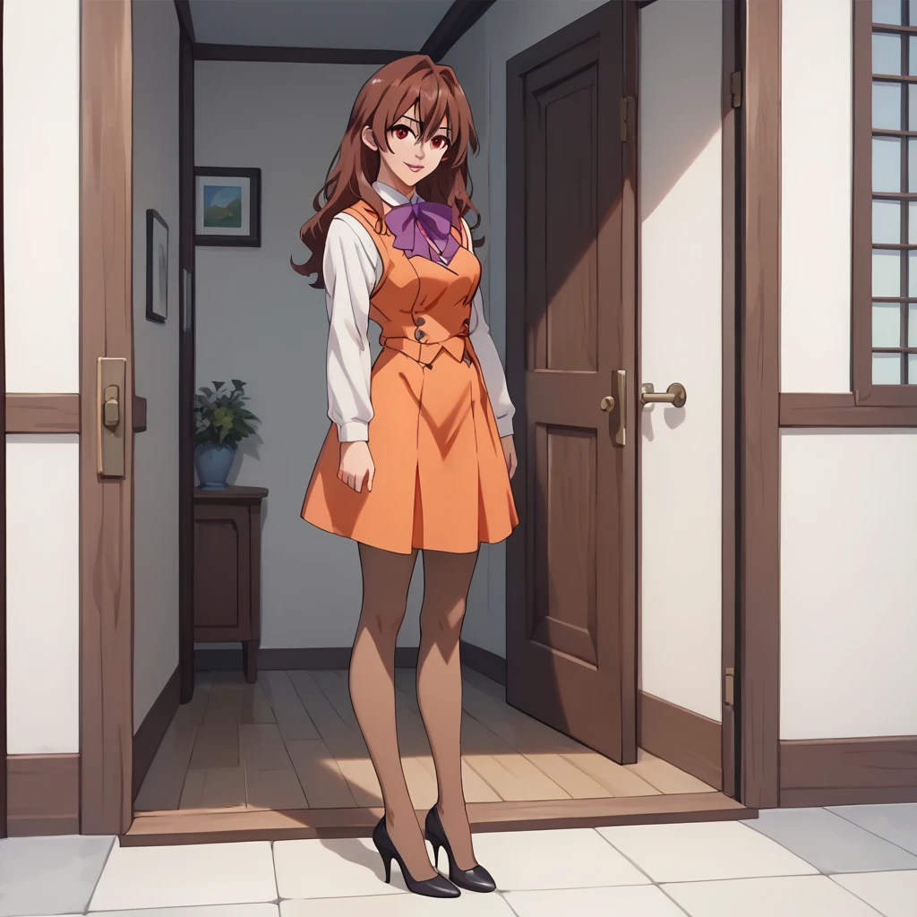 smile,parted lips,
solo,
RenaAsaoka,1girl,brown hair,long hair,hair between eyes,red eyes,
medium breasts,
white shirt,long_sleeves,purple ribbontie,orange vest,
orange pencil_silkart,
brown pantyhose,
high_heels,
full body, She is at the entrance to the door of the house, she has a sensual smile and invites you in