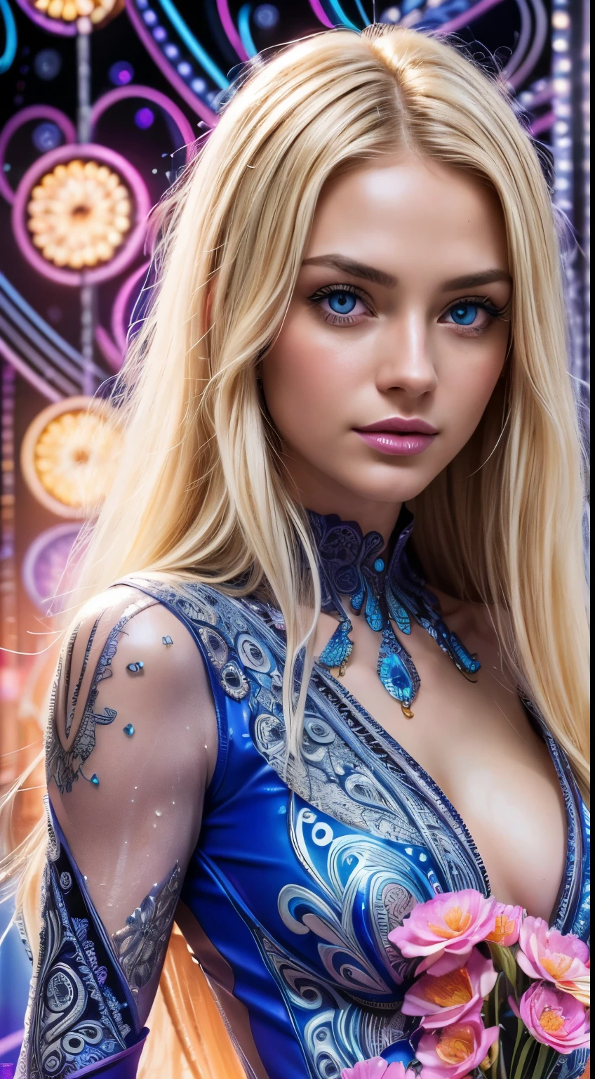 Blue Eyes, beautidful eyes, extremely detailed eyes and face, Beautiful detailed eyes, Ultra-detailed, light on the face, blonde hairs, Blonde hair, Fair skin, Masterpiece, Top Quality, Best Quality, Official Art, Beautiful and aesthetic:1.2), (1Girl:1.3), Extremely detailed,(fractal art:1.1)neons,(colourfull:1.1)neons(Flowers:1.3)neons,highest details,(zentangle:1.3)neons, (Dynamic Pose), (abstract background:1.3) neons, (sparkly skin), (many colors:1.4)neons, (leaky:1.5), neon lit