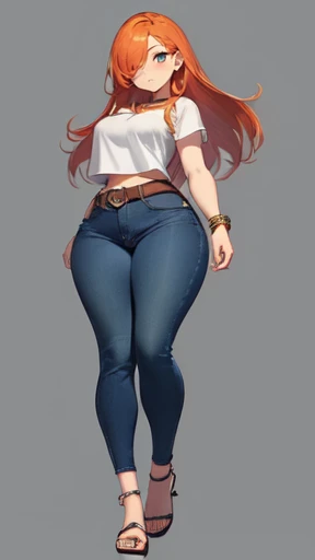 blank background, (((full body))), (masterpiece), ((best quality)), (very short girl), ((flat chest)), hair over one eye, (wide hips:1.4), ((thick thighs:1.4)), (blue jeans), sandals, belt below navel, fanny packs, ginger hair, from behind