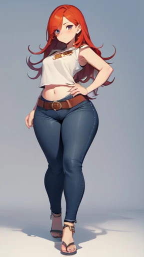 blank background, (((full body))), (masterpiece), ((best quality)), (very short girl), ((flat chest)), hair over one eye, (wide hips:1.4), ((thick thighs:1.4)), (blue jeans), sandals, belt below navel, fanny packs, ginger hair, from behind