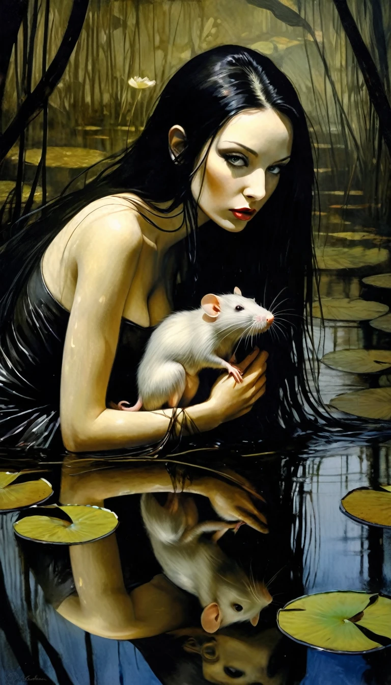 ((woman and her pet rat) long black hair, eroticism, sexy, black and white image, between shadows,in the water of a dark swamp with water lilies, oil painting, dramatic lighting, dramatic contrast, chiaroscuro, detailed face, sensual expression, elegant pose, female figure, mysterious, moody, cinematic, dark romantic, Bill Sienkiewicz inspired, dark atmosphere, powerful composition, dramatic shadows, high quality, photorealistic, masterpiece