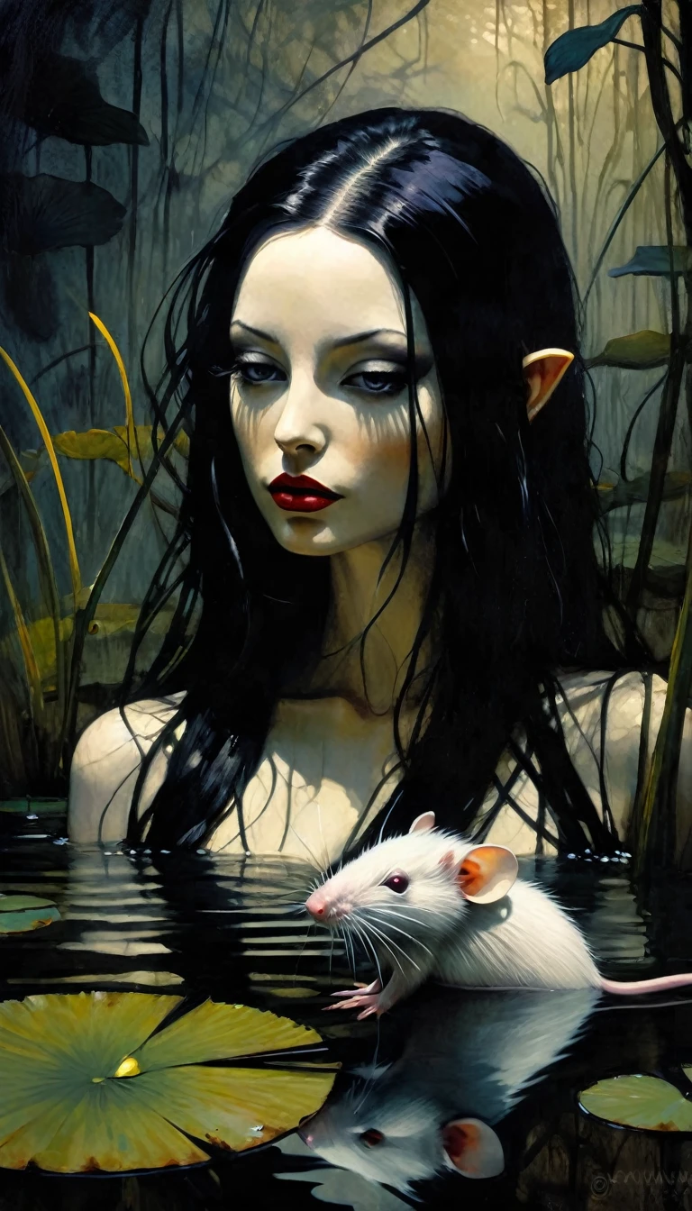 ((woman and her pet rat) long black hair, eroticism, sexy, black and white image, between shadows,in the water of a dark swamp with water lilies, oil painting, dramatic lighting, dramatic contrast, chiaroscuro, detailed face, sensual expression, elegant pose, female figure, mysterious, moody, cinematic, dark romantic, Bill Sienkiewicz inspired, dark atmosphere, powerful composition, dramatic shadows, high quality, photorealistic, masterpiece (best quality,4k,8k,highres,masterpiece:1.2),ultra-detailed,(realistic,photorealistic,photo-realistic:1.37),intricate details,,sharp focus,professional,Dave McKean artwork, oil touch of surrealism,oil painting style