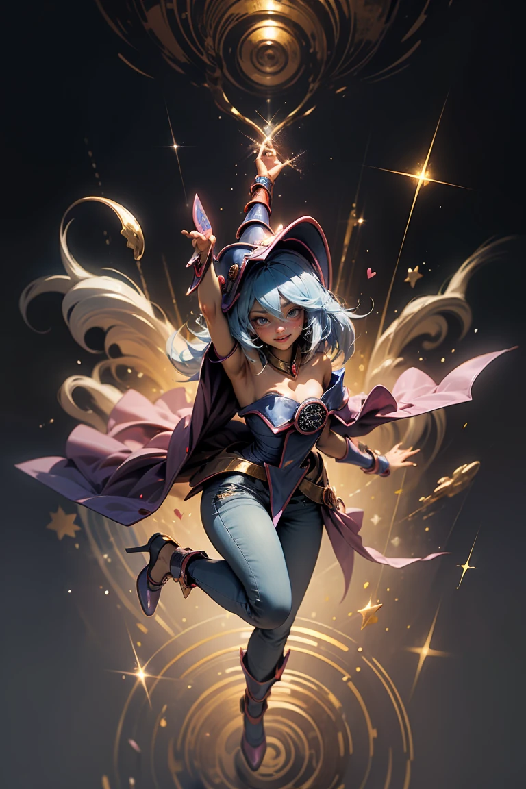 (Masterpiece:1.2), (The best quality:1.2), perfect lighting, Dark Magician Girl casting a spell, smiling. happy. in battle. floating in the air, big and visible tits, wear jeans and heels. transparent neckline, blue robe, big hat, From above, sparkles, Yugioh game, The magic of the heart, romantic heart.