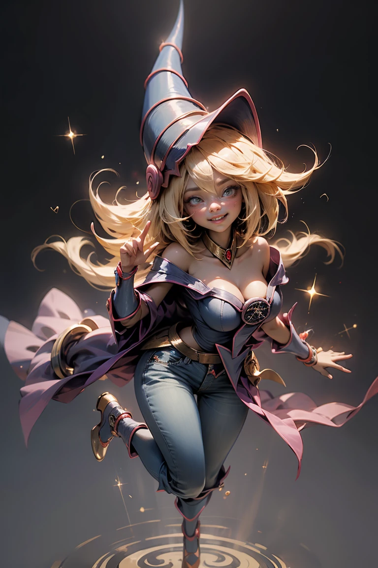 (Masterpiece:1.2), (The best quality:1.2), perfect lighting, Dark Magician Girl casting a spell, in battle. floating in the air, big and visible tits, wear jeans and heels. transparent neckline, blue robe, big hat, From above, sparkles, Yugioh game, The magic of the heart, romantic heart.