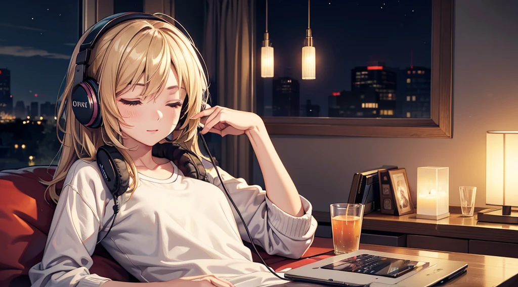 Girl with headphones enjoying music in a home I am studying Emphasize a little bit of the big chest Looking towards me with eyes closed Night Background