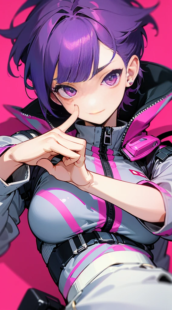 Top Quality, 8K, 4K, High Definition, Detail, (better-quality, 8K, 12), top-quality, 1 girl、only showing her face, she has purple hair, wearing a yellow pin on her right side of her hair, she has her hands together, she looking at you, she is smiling at you, medium breast, her jacket color dark gray with a pink zipper, pink eyes, showing her face and chesat, short hair long as her neck, (only showing half of her body) her jacket is loose. she is wearing earing only right ear shaped has a heart, she has her hand up making a pose, get closer to see up close of her face, she making a pose, she making pose her finger