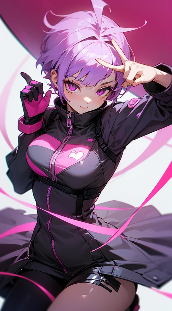 Top Quality, 8K, 4K, High Definition, Detail, (better-quality, 8K, 12), top-quality, 1 girl、only showing her face, she has purple hair, wearing a yellow pin on her right side of her hair, she has her hands together, she looking at you, she is smiling at you, medium breast, her jacket color dark gray with a pink zipper, pink eyes, showing her face and chesat, short hair long as her neck, (only showing half of her body) her jacket is loose. she is wearing earing only right ear shaped has a heart, she has her hand up making a pose, get closer to see up close of her face, she making a pose, she making pose her finger
