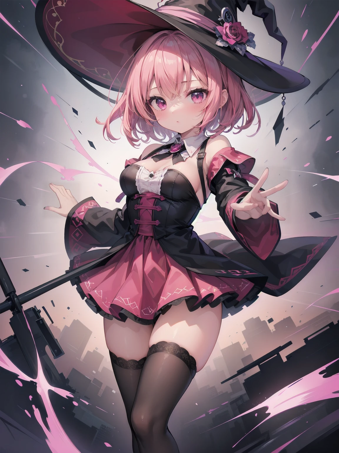 ((Masterpiece: 1.2), (Best Quality: 1.2), Very high resolution, very detailed, perfect anatomy, dynamic angles, dynamic poses, composition that brings out the best in the subject, Female, alone, solo, The subject is in the center of the screen:1.2)
:1.2)BREAK1 girl, pink hair, magenta long sleeve,magenta dress, long dress, slit dress, thigh highs, magenta footwear, staff, witch hat