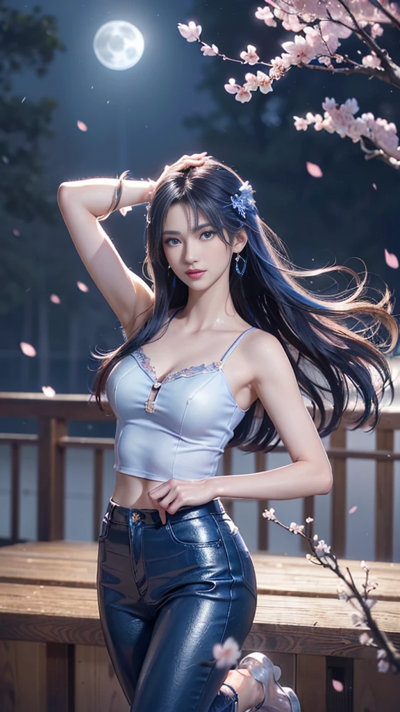 (Logo, masterpiece, 8K, On the table, RAW photos, wonderful, 最high quality, Photorealistic and hVery detailed CG integrated 8K wallpaper, high quality, Very detailed, Narrative Poems, Particle Effects, dynamic effect, Written border depth, light, lens flare, Ray Tracing)), fantasy, ((1 beautiful woman, Clear blue eyes, 赤いLong hair, Pretty Face, serious, Beautiful and delicate eyes, Beautiful skin, Woman dancing gracefully:1.7, Woman dancing gracefully:1.7)), 長い赤い髪がwindでなびく, 长长的红hair jump动, 長い赤い髪がwindで踊る, hair jump, camisole, Red leather pants, Red leather jacket, Silver earrings, ((night, wind, dark, Full Moon, night空, wind, Cherry blossoms, Cherry blossomsの花びらが舞っている, Cherry blossoms吹雪, Falling Flowers, Flying petals)), Hips up, beautiful eyes, Long hair, ringed eyes, Jewelry, Tattoo, Hanfu, Chinese Fairy, Taoist costumes